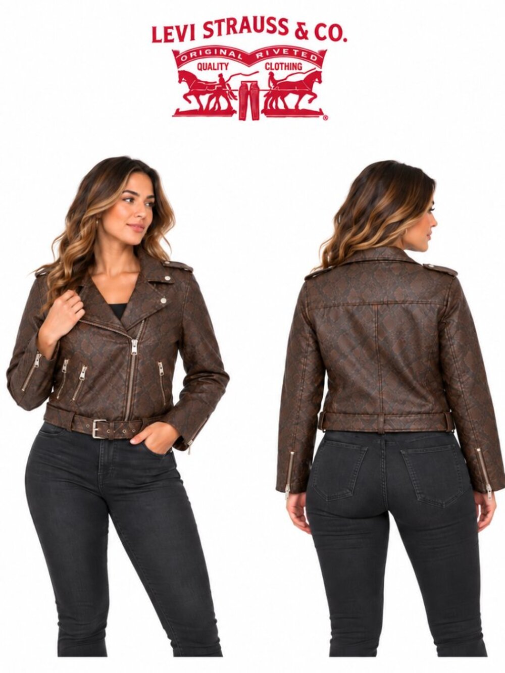 Levis Womens Brown Snakeskin Faux Leather Moto Biker Jacket Size L Lined Belted